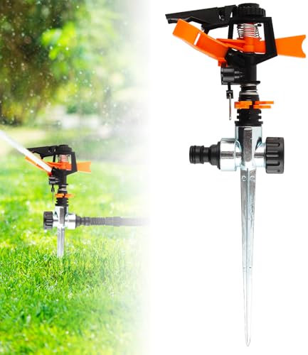 Rasensprenger auf Erdspieß, ZoneYan Rasensprenger impulsregner, Rasensprenger Metall, Rasensprenger mit Pulsation,Sprinkler Garten, Rasensprinklersystem 360 Eingestellt Werden,für Garten, Rasen