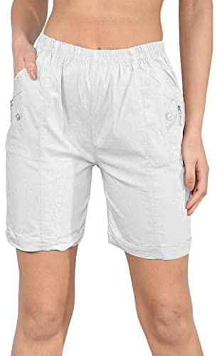 BSBAAA FASHIONS® Women's 1/2 Length Cherry Berry Shorts - Ladies Plain Stretch Fit Pull On Elasticated Waist Summer Hot Pants Short (White, 10)