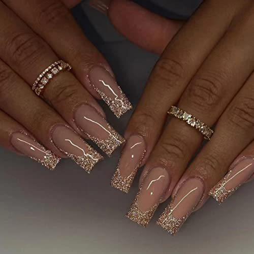 JUSTOTRY 24 Pcs Gold Glitter Press on Nails Coffin Designs,Nude False Nails Long,Pretty Glitter Ballerina Stick on Nails for Women,Glossy French Fake Nail Medium for Nail Art Gifts