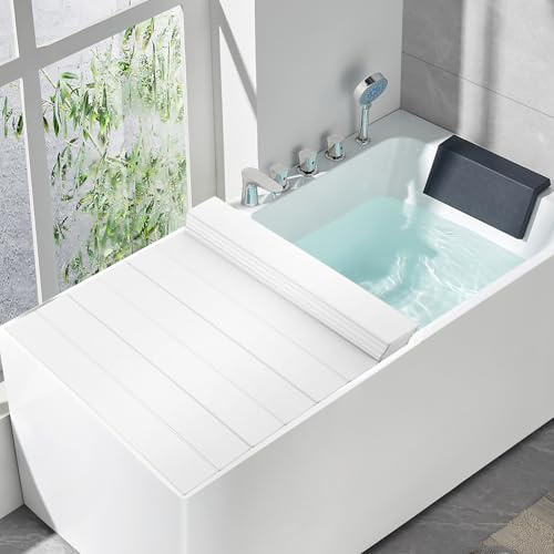 KANBCNG 170×75CM Faltbare Badewannenabdeckung, Badewannen Abdeckung 11LBS Tragfähigkeit für Badezimmer Hause Spa Erfahrung Rechteckig PVC Badewanne Abdeckung, Weiß