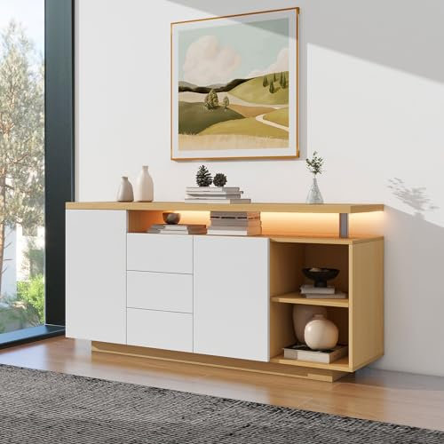 Ymkua Sideboard, Buffetschrank, Kommode mit 2 Türen und 3 Schubladen, Wohnzimmerschrank, Standschrank, TV-Schrank, Wohnzimmerwand, LED-Vitrine, Buffetschrank Esszimmer, 140x40x70 cm (White+Oak)