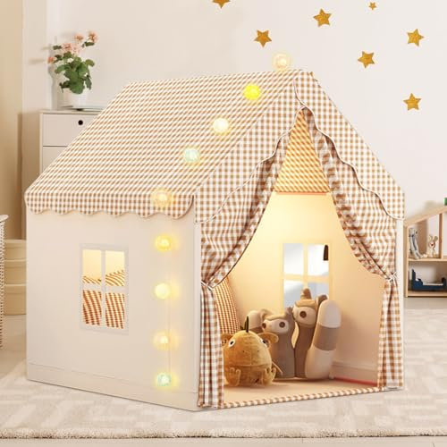 Aolawco Kid Play Tent with Lights, Kids House Indoor & Outdoor,Toddlers Play Tent with Windows - Large Toddler Tent for Kids -Toy House Gift for Boys & Girls - Khaki (47 * 40 * 51)