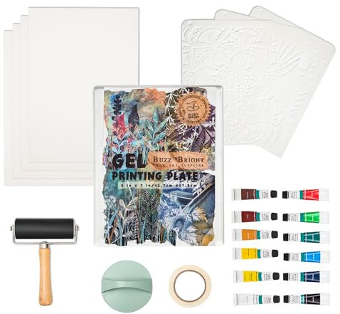 BuzzBright Kit complet de plaques d'impression gel avec plaque de gélatine de 12,7 x 17,8 cm, brayer, papier de gravure, peinture acrylique et outils essentiels pour art mixte, monopintage,