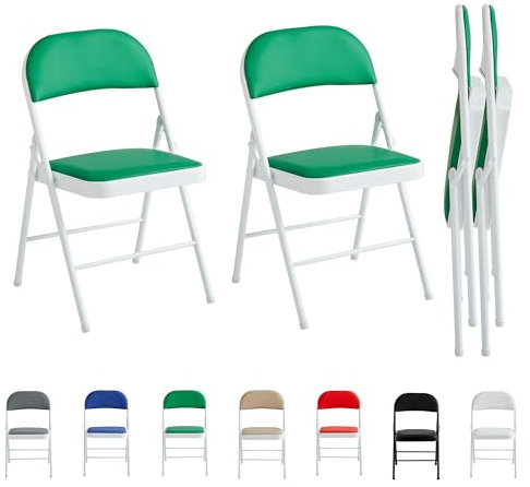 mcc direct Set of 2 Folding Chairs, Faux Leather Foldable Chairs with Metal Frame and Padded Seat, Easy to Fold and Store for Home, Office, Dining and Reception (Green)