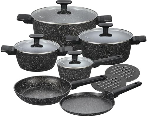 12-teilige Topfset, Kochtopf Set, Töpfe, Kochgeschirr Set mit marmorierter Antihaftbeschichtung KLAUSBERG (Black)