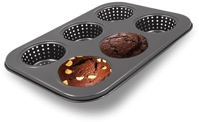 Cupcake Pan,6-Cup Bake Perforated Mince Pie,Bread Tray with Non-Stick Coating, for Burgers, Bread, Rolls, Puffs, Tartlets