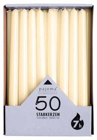 pajoma® Stabkerzen Cream - 50 Stück | Höhe 25 cm, Brenndauer ca. 7 Stunden | Duftfrei, vielseitig einsetzbar für Kerzenhalter, Deko & festliche Anlässe