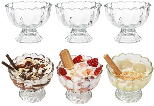 LIMILI Milkshake Glasses, Glass Ice Cream Cups, Lead Free Footed Glass Dessert Dishes, Ice Cream Sundae Glasses, Dessert Milk Shake Cups, Soda Fountain Glasses (120ml - 6pcs)