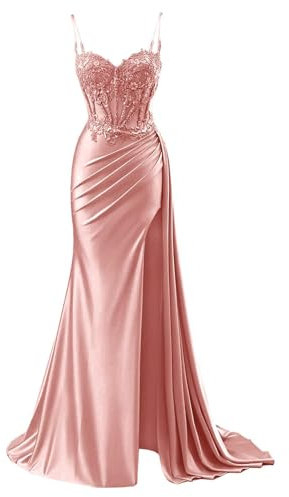 YIANN Robe de bal en satin avec col en V pour femme - Robe de soirée formelle sirène 2025 avec fente, vieux rose, 38