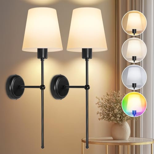 Ketom Battery Operated Wall Lights Set of 2, Rechargeable Wall Lights Indoor, 3 Color Temperature Wireless Sconces, 12 RGB Colors Dimmable, with Charging Bulbs and Remote, with Fabric Shade, Black