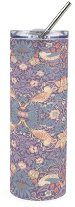 Purely Home Strawberry Thief Purple Glass Travel Flask - William Morris Artwork Gifts - Reusable Frosted Drinks Cup with Metal Straw (750ml)
