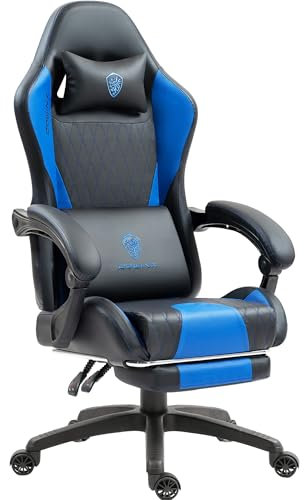 Dowinx Gaming Stuhl mit Taschenfederkissen, Massage-Gaming Stuhl aus Leder mit Kopfstütze, Ergonomischer Computerstuhl mit Fußstütze 290LBS, Blau