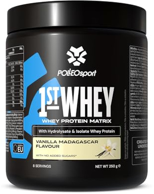 Polleo 1st Whey - Premium Molkenprotein (Konzentrat, Isolat & Hydrolysat) – Mit 5 g BCAA & 5 g L-Glutamin pro Portion – Ohne Zucker, Gluten & GMO (250 g, Vanilla Madagascar)