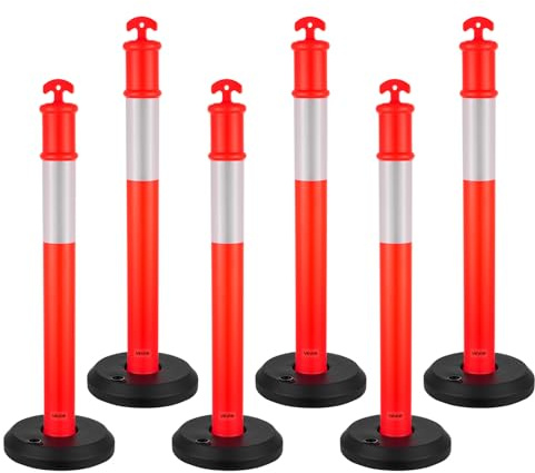 VEVOR 6 Pack Traffic Delineator Posts, 1140 mm Traffic Safety Cones with Fillable Base and Reflective Strips, Heavy Duty Delineator Posts for Construction Site, Parking Lot, Crowd Control, Red