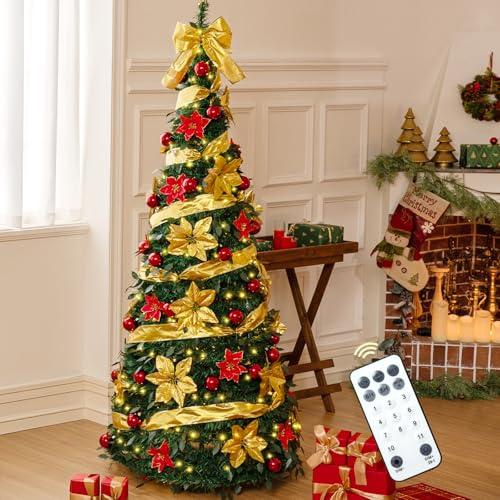 Albero di Natale da 1,8 m con timer remoto, completamente pre-decorato, 300 luci colorate e 11 modalità, 1 nastro surround, 40 palline, 35 fiori, facile da installare, albero pieghevole per feste