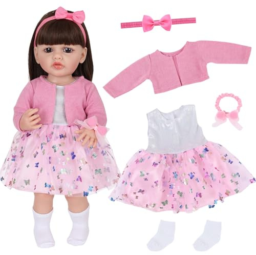 Xerteam Vestiti per bambole per bambola da 50-55 cm, abito in tulle rosa con motivo a farfalla glitterata, accessori per giacca lavorata a maglia e fascia con fiocco per bambola da 50-55 cm, adatto