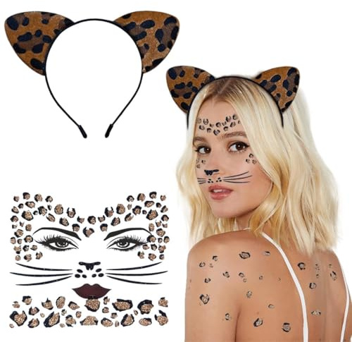 iZoeL Leoparden Kostüm Damen Mädchen, Leoparden Ohren Haarreif Gesichtstattoo Karneval kostüm Accessorie, Tier Outfit Damen Mädchen Karneval Fasching Halloween Mottoparty