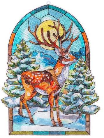Ideen mit Herz Diamond-Painting-Fensterbild | Glaskunst-Optik | Dekoration & DIY | Material: PET (Hirsch im Wald)