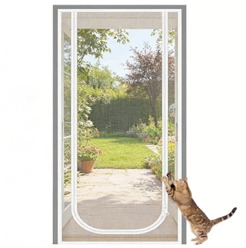 Calolin Reinforced Mesh Cat Screen Door for Introducing New Cats, Pet-Indoor Retaining & Fresh Air Permitting, Scratch Proof with Double-Sided Zipper, Fits Door Size 90 x 210 cm / 35.4 x 47.2 in