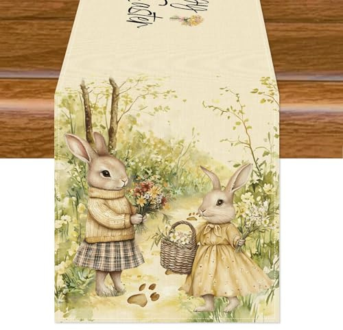 Aitsite Tischläufer Ostern, Kaninchen Osterei Tischdecke Ostern Tischläufer Frühling, Abwaschbare Osterhase Tischdekoration Wasserabweisend Modern Party Deko Ostertischläufer