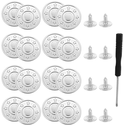 16 Stück Jeans Knöpfe, 20mm Silber Hosen Ersatz Knöpfe Nähfreiknopf Ersatzknopf Verstellbare Jeansknöpfe für Hosen Abnehmbare Metall Hosenknöpfe Verstellbares Knopf Ersatzset
