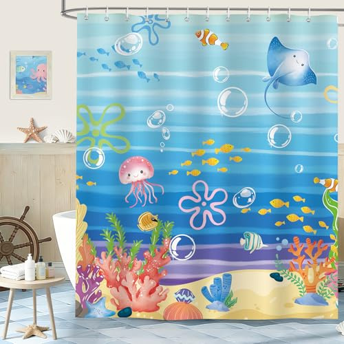 hometrixx Rideau de Douche Enfants Mer Poisson Méduse Bulles Corail 180x200 | Imperméable Polyester, Infroissable, Séchage rapide, Rideaux de Douche pour Salle de Bain, Lavable en Machine 12 Crochets