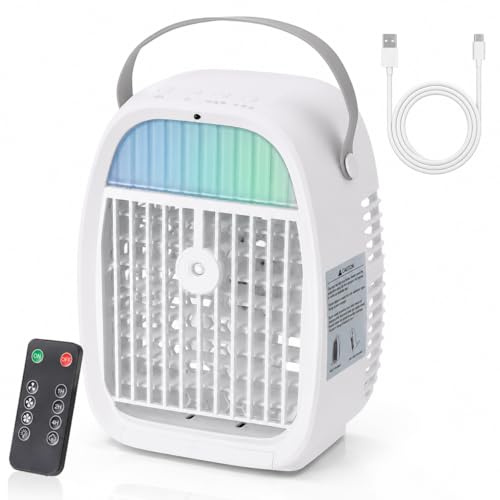 Portable Air conditioner 1100ML, 4 in 1 Mini Air Cooler with Remote Control, 3 Speeds, 1-4H Timer, 7 Colour Night Light, USB Personal Air Cooling Fan with Mist Spray for Bedroom, Office, Car, Camping