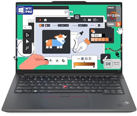 Lenovo ThinkPad E14 Gen 5 Business Laptop, AMD Ryzen 5 7530U, 40 GB DDR4 RAM, 1 TB PCIe SSD, 14 WUXGA (1920x1200) Display, AMD Radeon Graphics, Deutsches Tastatur-Layout, W11 Pro, Schwarz