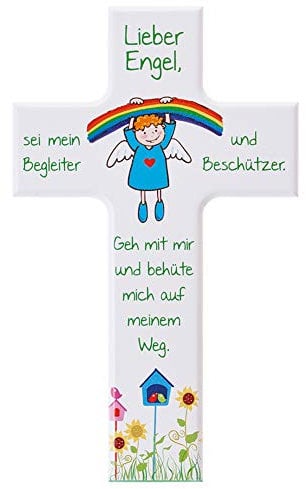 FRITZ COX Kinderkreuz aus Holz Regenbogen-Engel | Holzkreuz weiß| tolles Geschenk zur Taufe und zum Geburtstag | Lieber Engel sei mein Begleiter | für Jungen & Mädchen | 15 cm