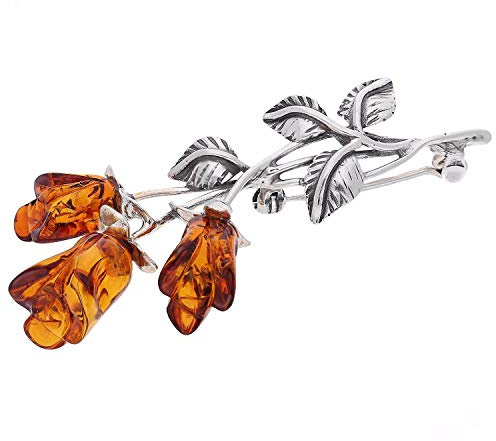 Rose Flower/Floral/Flora Themed Amber Brooch Pin/Clip in Vintage Style for Women - 925 Sterling Silver