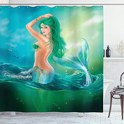 ABAKUHAUS Ozean Duschvorhang, Mermaid Schwanz Waves Sea, Stoffliches Gewebe Badezimmerdekorationsset mit Haken, 175 x 240 cm, Blau Grün