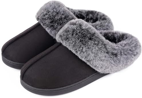 VeraCosy Women's Classic Suede Memory Foam Slippers Anti-Skid Scuff with Warm Faux Fur Collar, Black, 5/6 UK