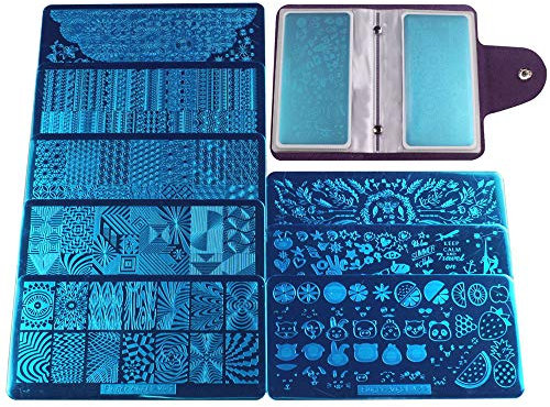 FingerAngel 8pcs Nail Stamp Plates +1Pcs Nail Stamper with Scraper+ 1 Pcs Storage Bag Nails Art Stamping Plate Scraper Stamper Set Leaves Flowers Animal Nail Plate Template Image Plate