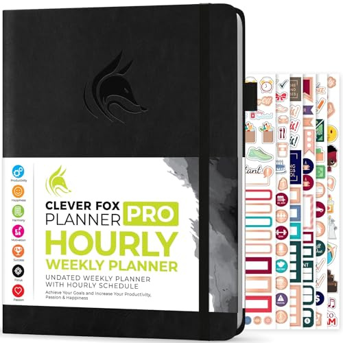 Clever Fox Planner PRO Hourly, Undated Weekly & Monthly, Black | 21.5x28cm daily planner with time slots, Eco leather cover, Stickers, 120gsm paper, Work schedule organizer, Appointment book