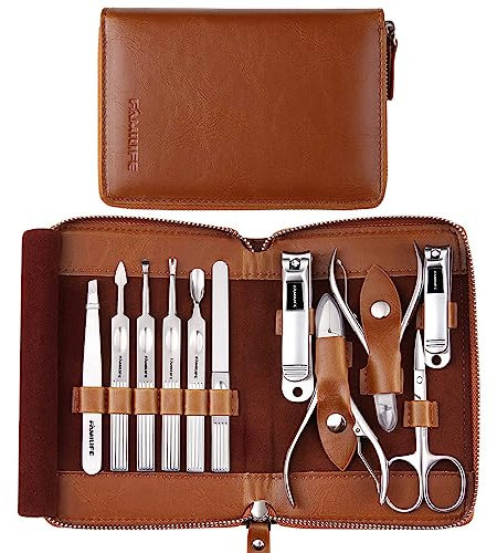 FAMILIFE Manicure Set, Professional Manicure Kit Nail Clippers Set 11 in 1 Stainless Steel Pedicure Tools Nail Kit Men Grooming Tool with Portable Brown Leather Travel Case Luxury Gifts for Him