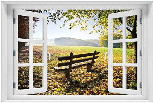 Wallario Glasbild 60 x 90 cm mit Fensterrahmen mit Fenster-Illusion: Idyllische Holzbank in den Bergen - Wandbild mit freischwebender Optik