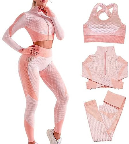 Veriliss Damen 3teiliger Gym Trainingsanzug Nahtlose Laufbekleidung Fitness Kleidung Jogginganzug Reißverschluss Kapuzen Fitness Jogging Tennis Laufen(Rosa,L