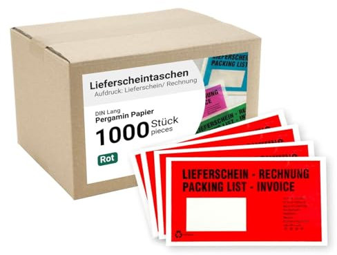 dm-folien Lieferscheintaschen DIN LANG Light I 1000 Stück I Selbstklebende Versandtaschen mit Aufdruck I Rot-transparente Versandunterlagen für Dokumente I Versandzubehör aus PP