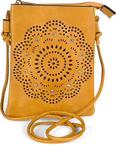 styleBREAKER Mini sac à bandoulière pour femme avec motif découpé au laser et strass, Pochette pour téléphone portable, sac à main 02012367, couleur:Moutarde