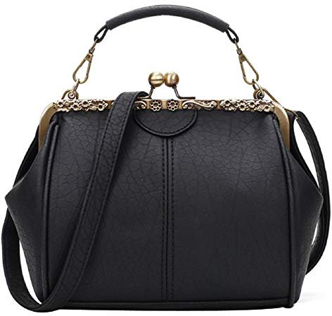 Women Wedding Vintage Pu Handbag - Kiss Lock Antique Minimalist Purse, Black, Medium