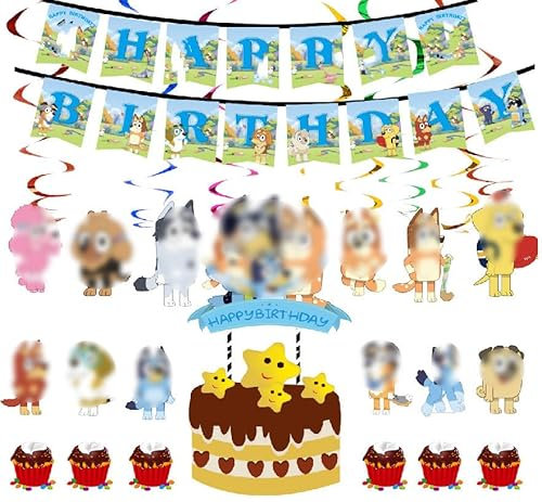 Blauer Hund Kindergeburtstag Deko Kit Hundemuster Ballondekoration Happy Birthday Deko Spirale Konfetti Partykette Cake topper Kuchendeckel für Baby Shower Party