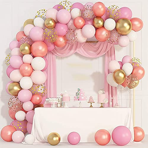144 Pezzi Palloncini Rosa Bianchi, Palloncini Rosa, Palloncini Kit, Arco per Palloncini, in Lattice, con Palloncini Argentati, Coriandoli a Palloncino, per Compleanno, Matrimonio, Decorazioni Feste