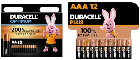 Duracell Batterie Optimum AA(pacco da12)-Alcaline da 1.5V -Fino al 200% di extra durata & Batterie Plus AAA (pacco da 12) - Alcalina 1.5V - Fino al 100% di extra durata