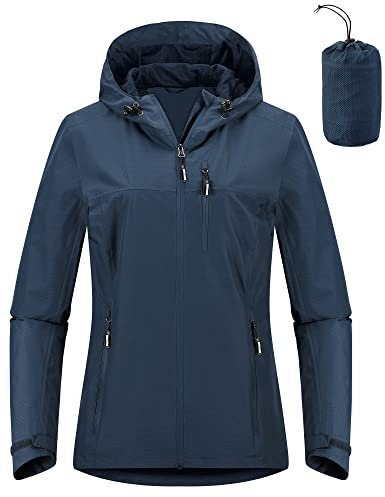 Outdoor Ventures Veste imperméable pour femme - Légère - Coupe-vent - Pliable - Veste de pluie pour l'extérieur, la course à pied, le golf, le cyclisme - Veste softshell avec capuche, bleu classique,