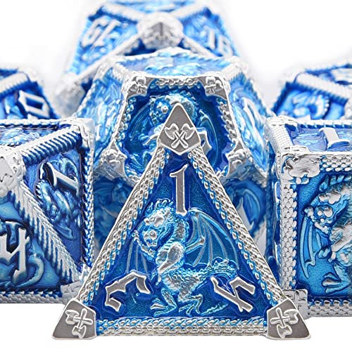SIQUK 7 Stücke Würfel Metall Set DND Würfel Polyedrisch Würfel Metall Spielwürfel D20 D12 D10 D% D8 D6 D4 DND Dice Metal für RPG D&D Dungeons and Dragons, Himmel Blau