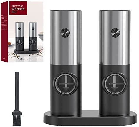 CIRCLE JOY Electric Salt and Pepper Mills Set, Battery Operated Spice Mills with Base, White LED Light and Adjustable Coarseness, Stainless Steel, 2 Pack