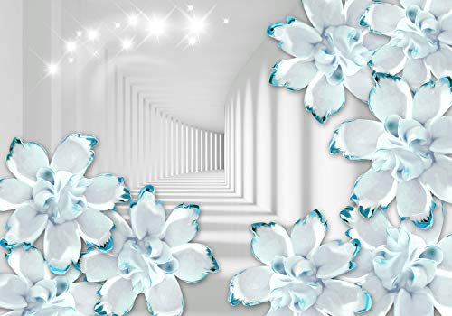 wandmotiv24 Fototapete Tunnel Blumen Türkis, 400 x 280 cm - selbstklebende Strukturtapete, Wanddeko, Wandbild, Wandtapete, Funkeln, 3D, Raum M1920