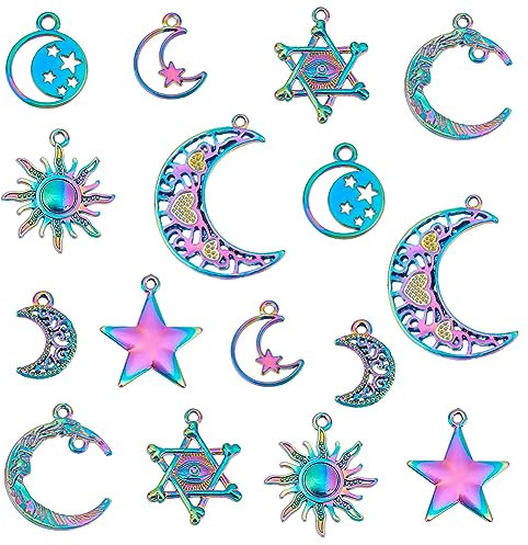 PandaHall 16 Stück Sonne Stern Mond Himmelszauber Anhänger, 8 Stil Legierungs-Anhänger in Regenbogenfarben Baumelnde Charms für Schmuckherstellung Bastelzubehör für DIY Halsketten Ohrring Armbänder