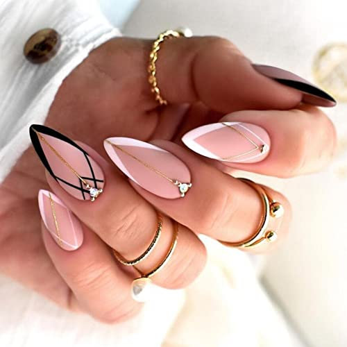 24 Pièces Amande Faux Ongles Court, French Ongles à Coller Blanc et Noir Press on Nails, Naturel Stiletto Géométrie Acrylique Bâton sur les Ongles pour Filles Femmes DIY Nail Salon