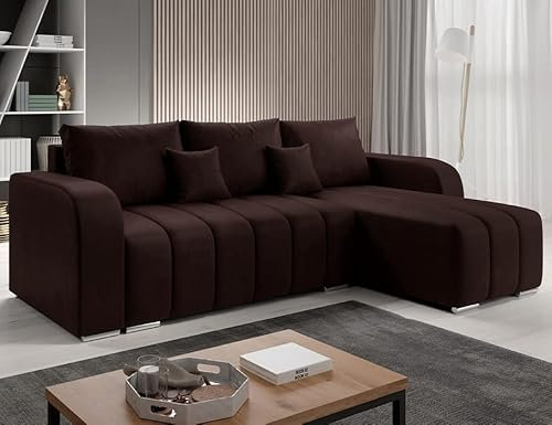 ML Furniture Ltd Velvet Ecksofa in L-Form 245 x 86 x 147 cm mit Schlaffunktion und Bettzeugbehälter - Schlafsofa mit Bettkasten - Eckcouch mit Stauraum - Rechts Couch Velours - Farbe: Braun MO29